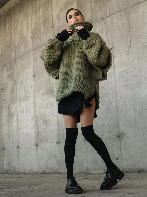 Trendy High Neck Sweater with Ruffle Hem