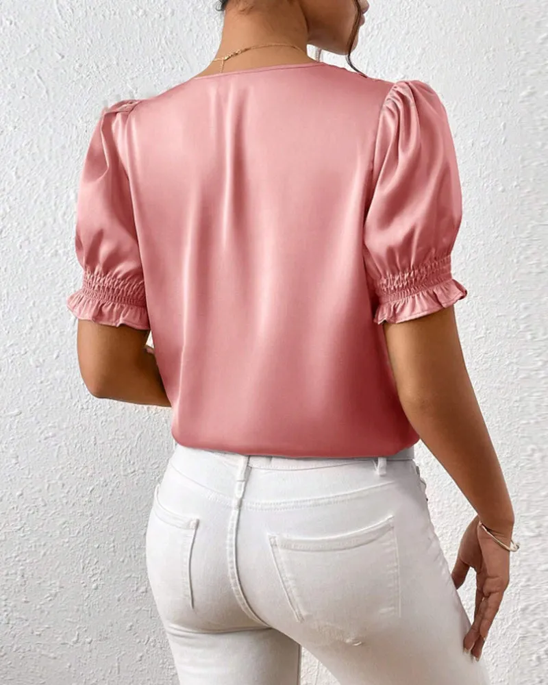 V-neck puff sleeve elegant solid color blouse