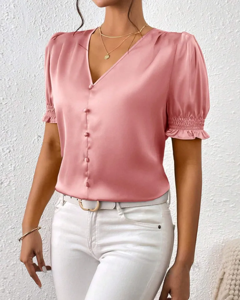 V-neck puff sleeve elegant solid color blouse