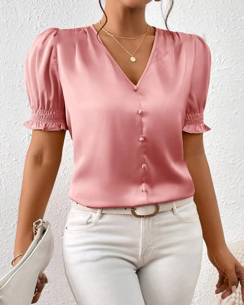 V-neck puff sleeve elegant solid color blouse