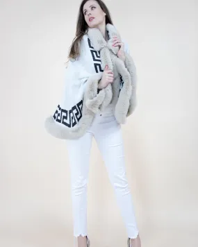 Winter White Greek Key Shawl w/ Faux Fur Trim