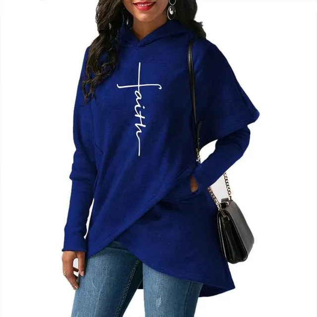 Women Autumn Hoodies Sweatshirts Long Sleeve Faith Embroidery Warm Hooded Pullover Tops