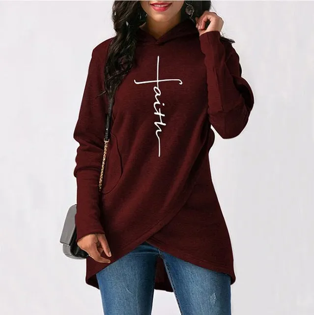 Women Autumn Hoodies Sweatshirts Long Sleeve Faith Embroidery Warm Hooded Pullover Tops