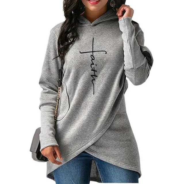 Women Autumn Hoodies Sweatshirts Long Sleeve Faith Embroidery Warm Hooded Pullover Tops