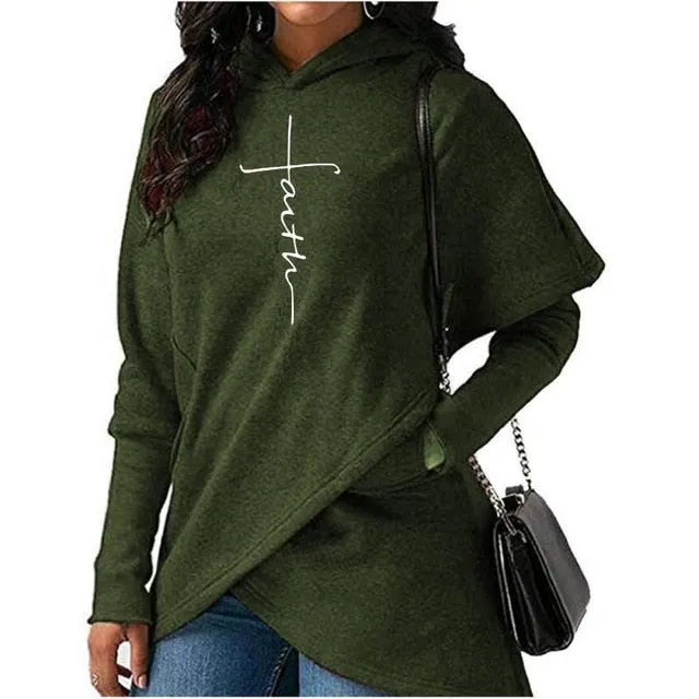 Women Autumn Hoodies Sweatshirts Long Sleeve Faith Embroidery Warm Hooded Pullover Tops