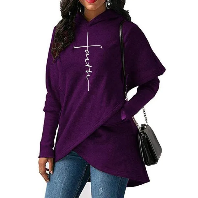 Women Autumn Hoodies Sweatshirts Long Sleeve Faith Embroidery Warm Hooded Pullover Tops