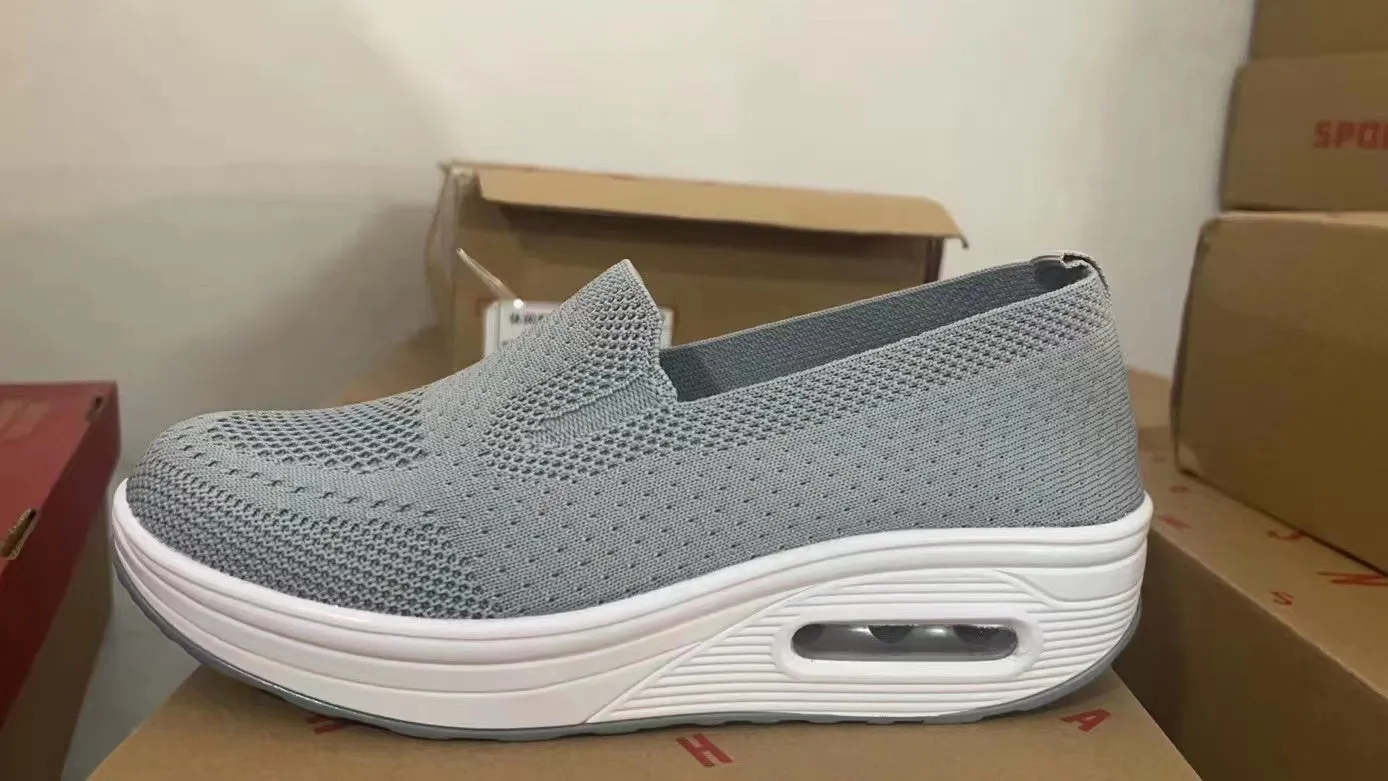 Women's Air Cushioning Sneakers Summer New Breathable Fly Weave Wedge Shoes for Women Flat Slip on Casual Ladies Walking Shoes F157841