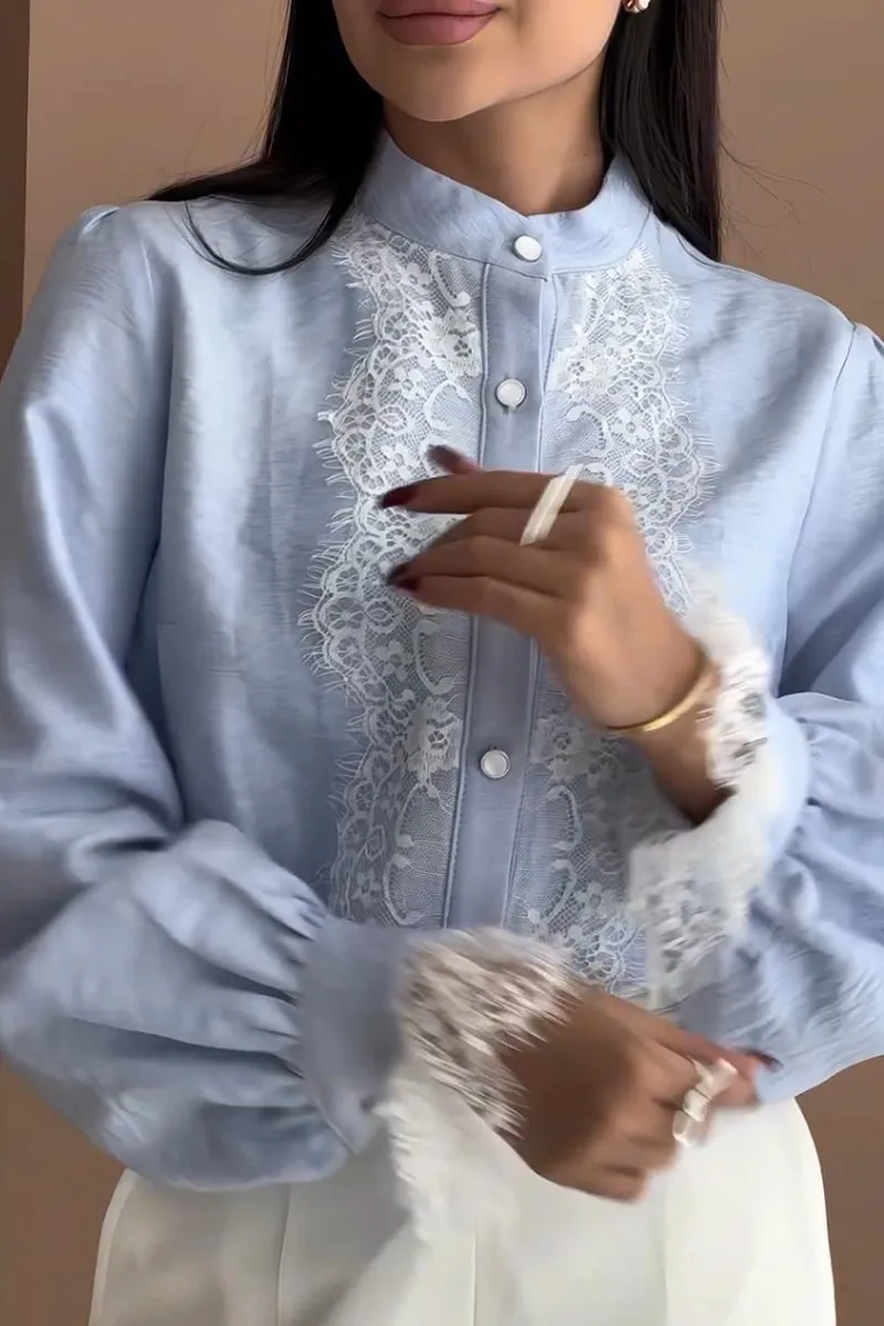 Women's Elegant Lace Paneled Bell Sleeve Shirt