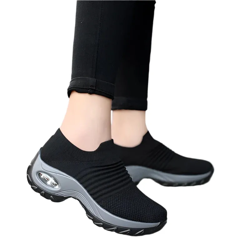Women's Fashion Air Cushion Walking Shoes – Lightweight, Breathable Slip-On Sneakers with Thick Bottom for Casual Comfort