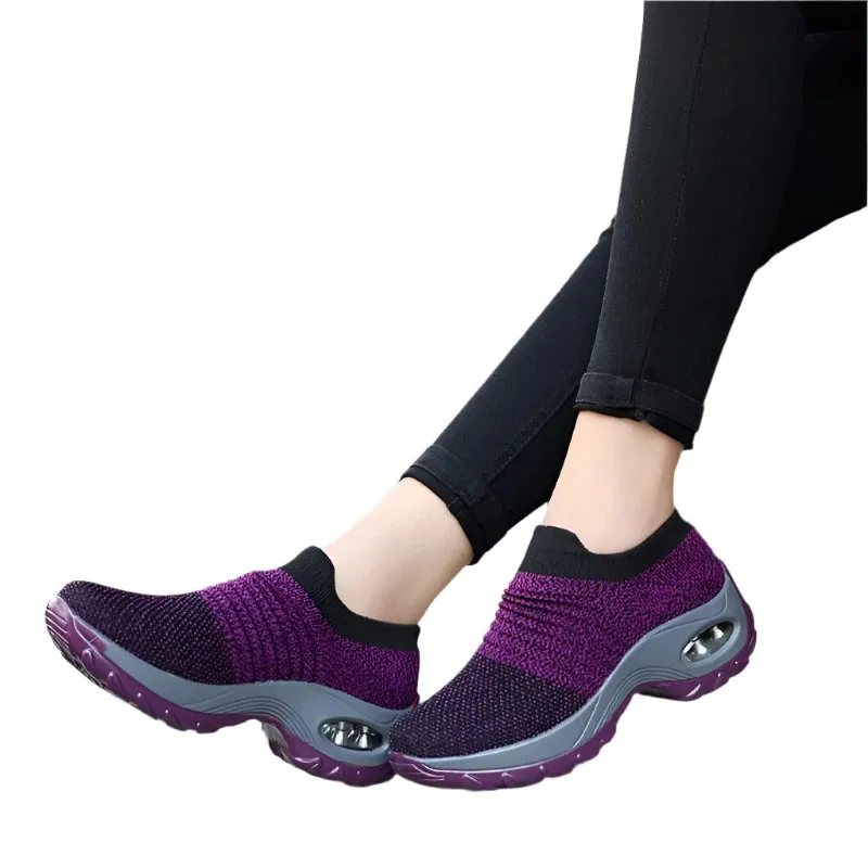 Women's Fashion Air Cushion Walking Shoes – Lightweight, Breathable Slip-On Sneakers with Thick Bottom for Casual Comfort