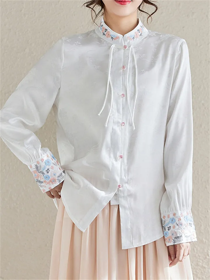 Women's Flower Embroidery Elegant Stand Collar White Shirt