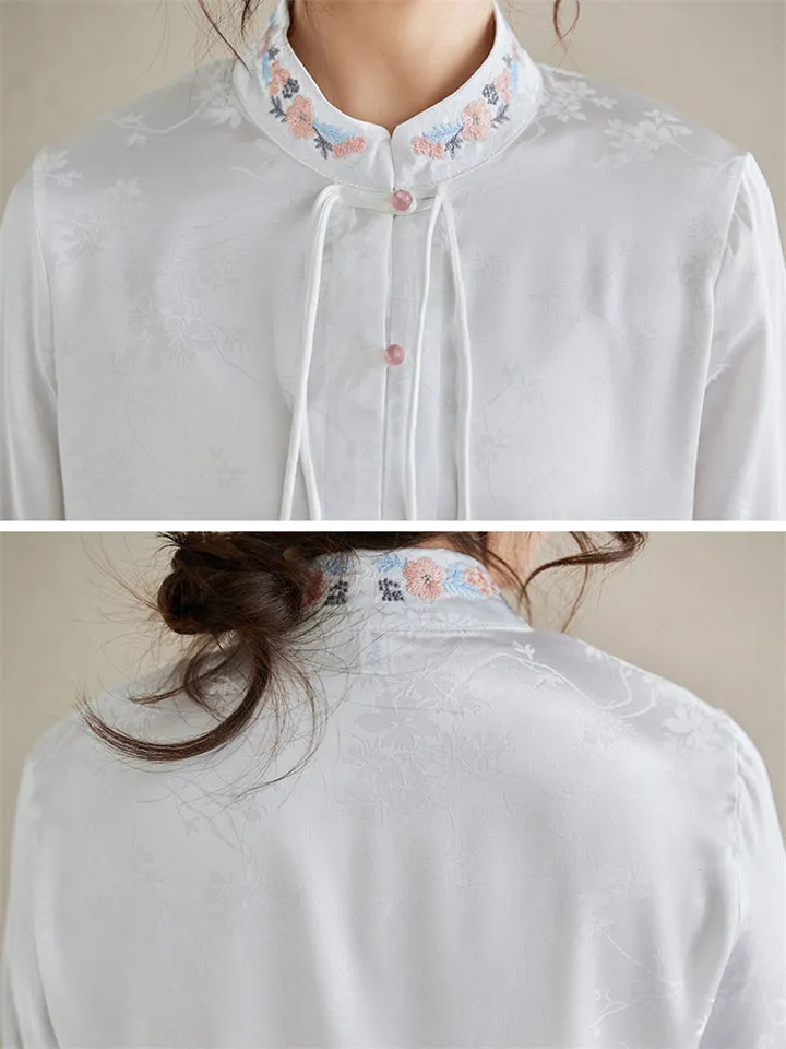 Women's Flower Embroidery Elegant Stand Collar White Shirt