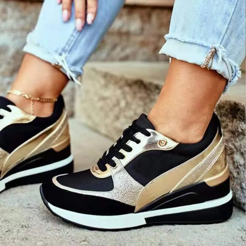 Women's gold black patchwork wedge heel sneakers