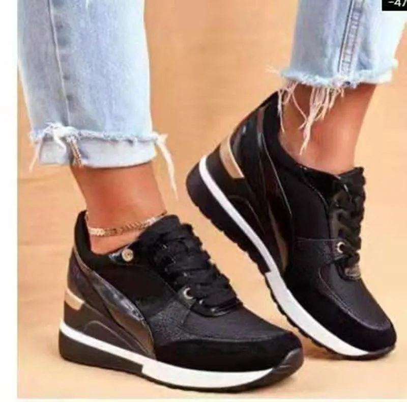 Women's gold black patchwork wedge heel sneakers