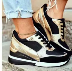 Women's gold black patchwork wedge heel sneakers