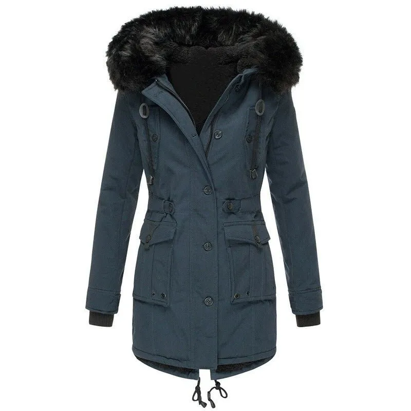 Women's Mid-Length Thick Hooded Drawstring Winter Jacket