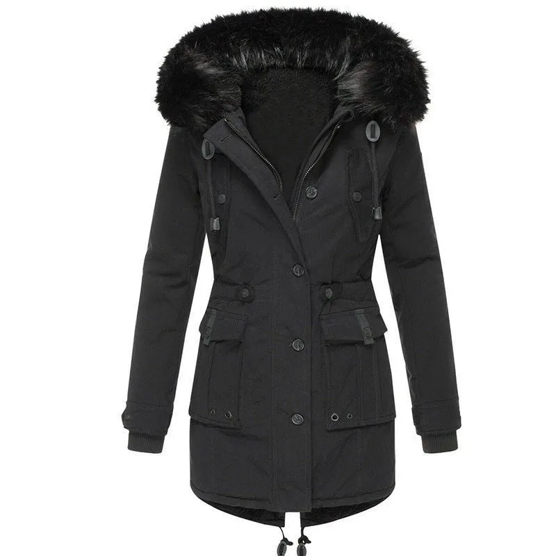 Women's Mid-Length Thick Hooded Drawstring Winter Jacket