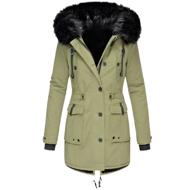 Women's Mid-Length Thick Hooded Drawstring Winter Jacket