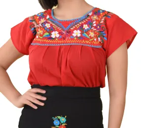 Womens Traditional Embroidered Manta Shirt Floral Neckline Red