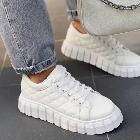 Women's white thick platform lace-up sneakers casual shoes