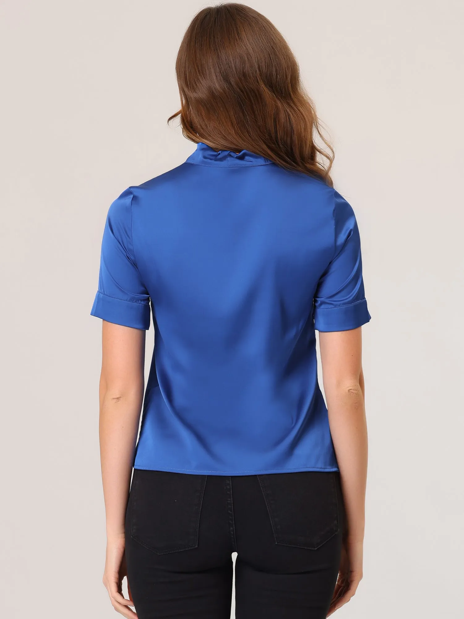 Work Tie Neck Short Sleeve Satin Elegant Button Down Shirt