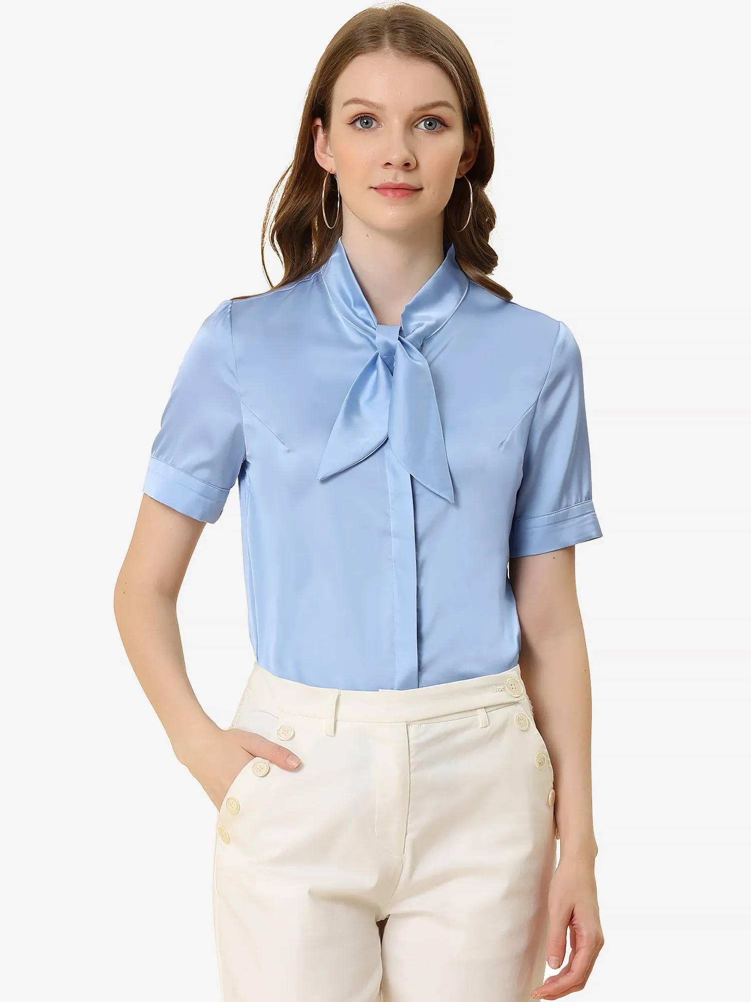 Work Tie Neck Short Sleeve Satin Elegant Button Down Shirt