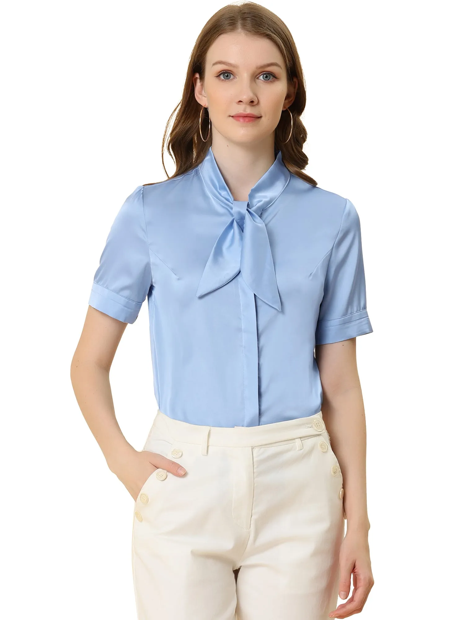 Work Tie Neck Short Sleeve Satin Elegant Button Down Shirt