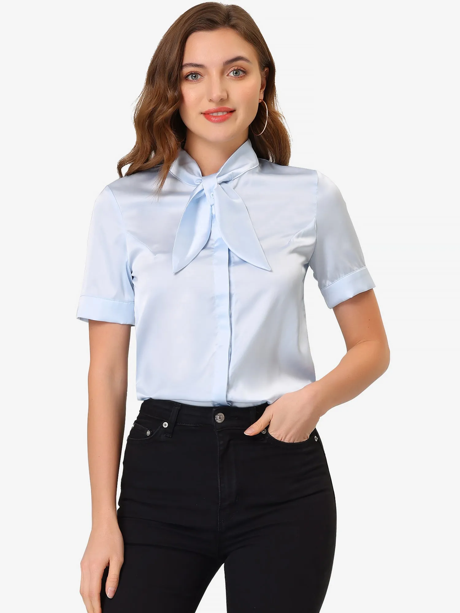 Work Tie Neck Short Sleeve Satin Elegant Button Down Shirt