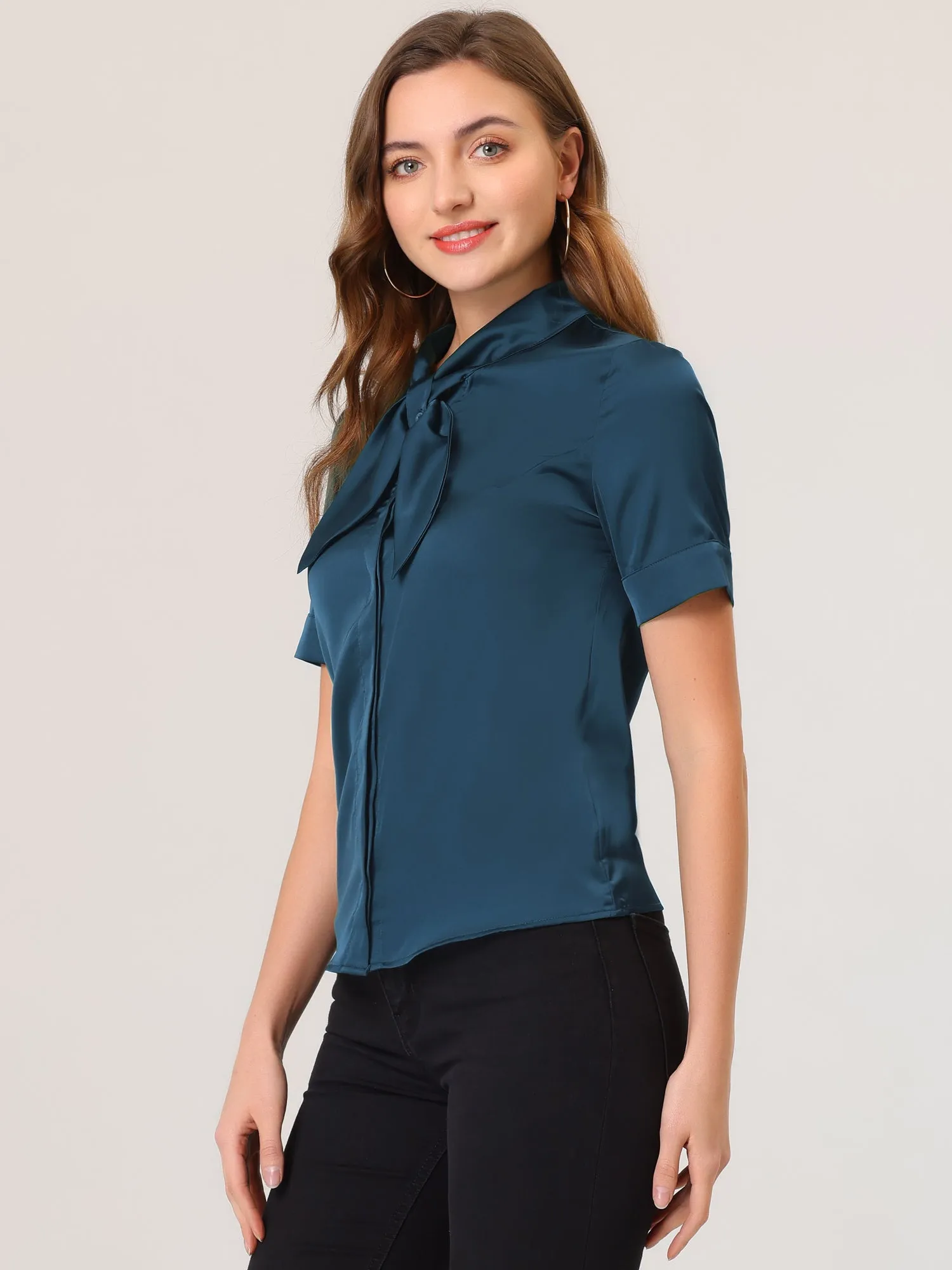 Work Tie Neck Short Sleeve Satin Elegant Button Down Shirt