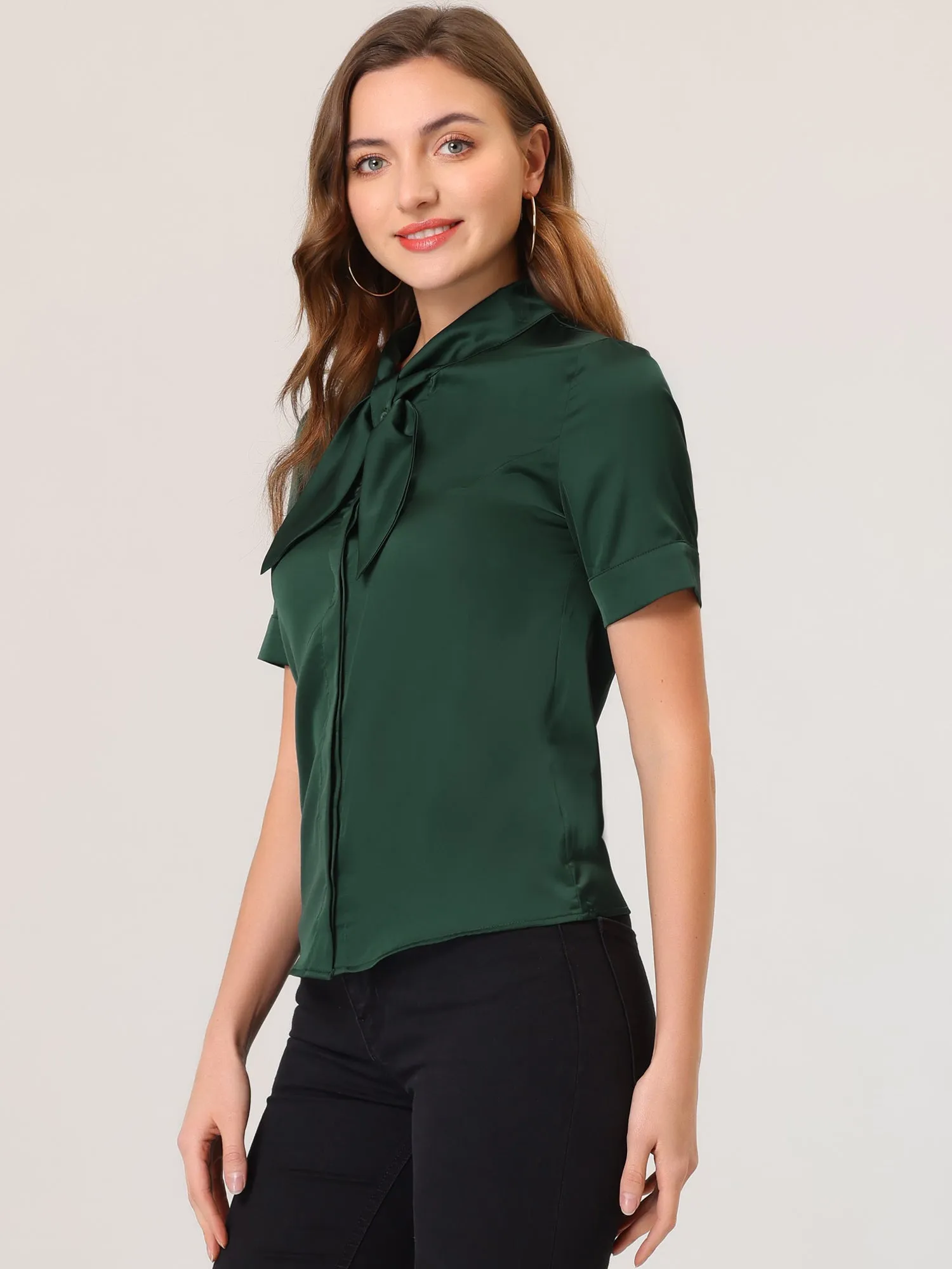 Work Tie Neck Short Sleeve Satin Elegant Button Down Shirt