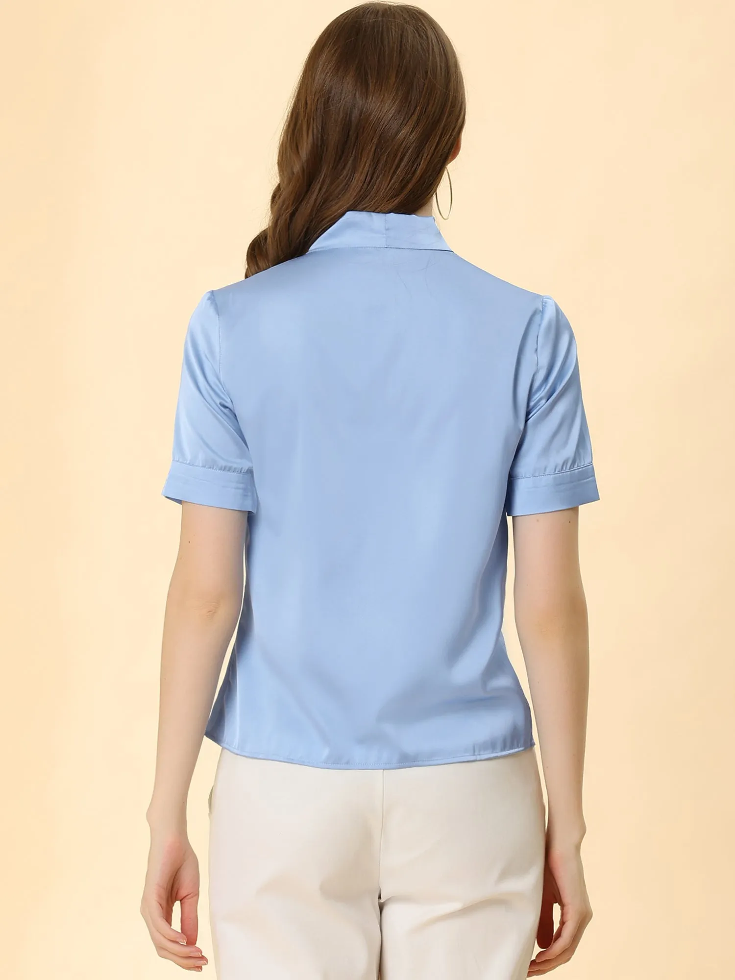 Work Tie Neck Short Sleeve Satin Elegant Button Down Shirt