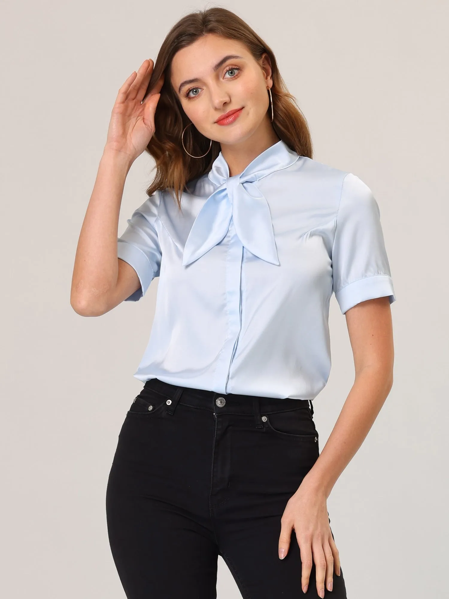 Work Tie Neck Short Sleeve Satin Elegant Button Down Shirt