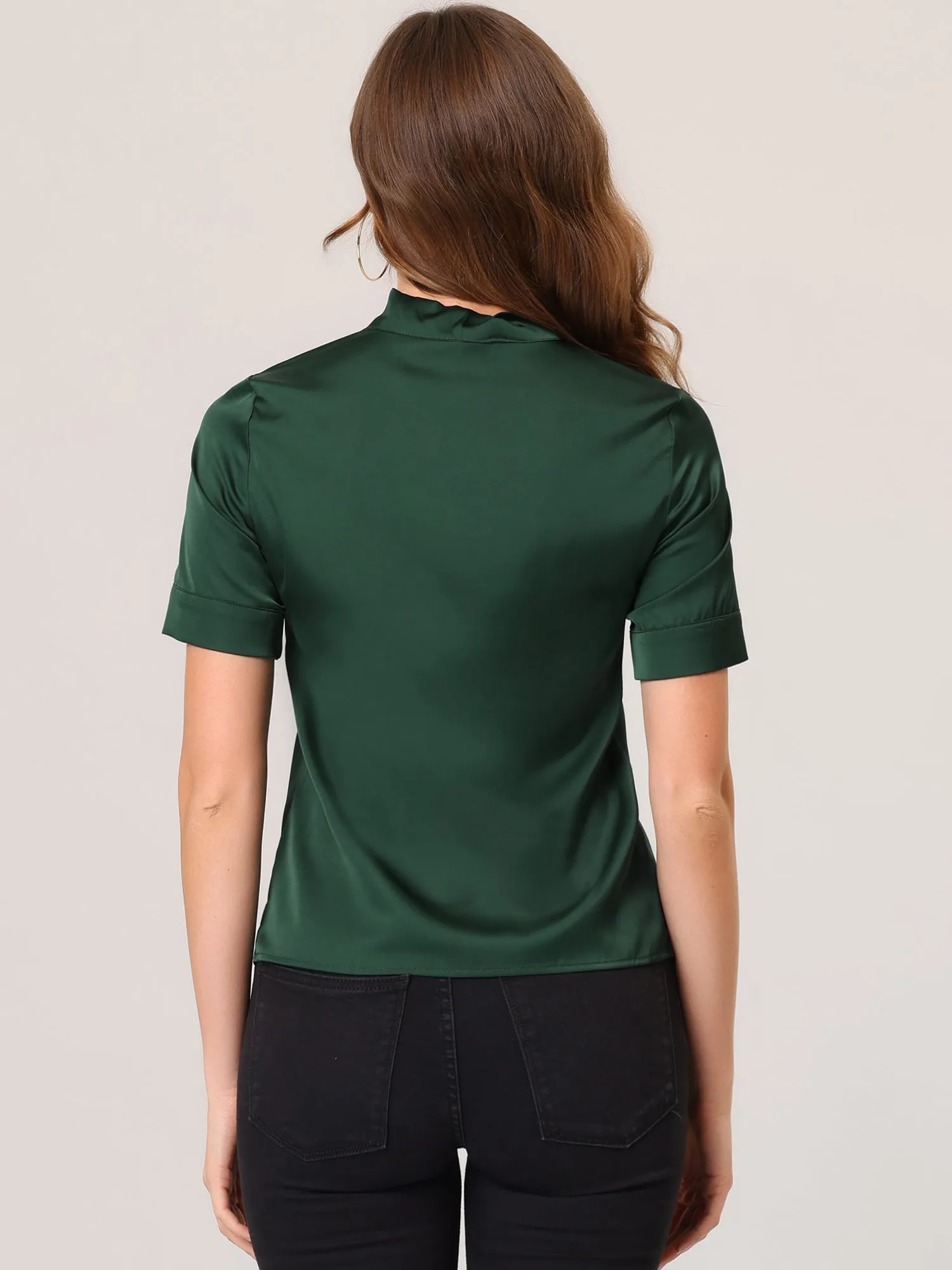 Work Tie Neck Short Sleeve Satin Elegant Button Down Shirt