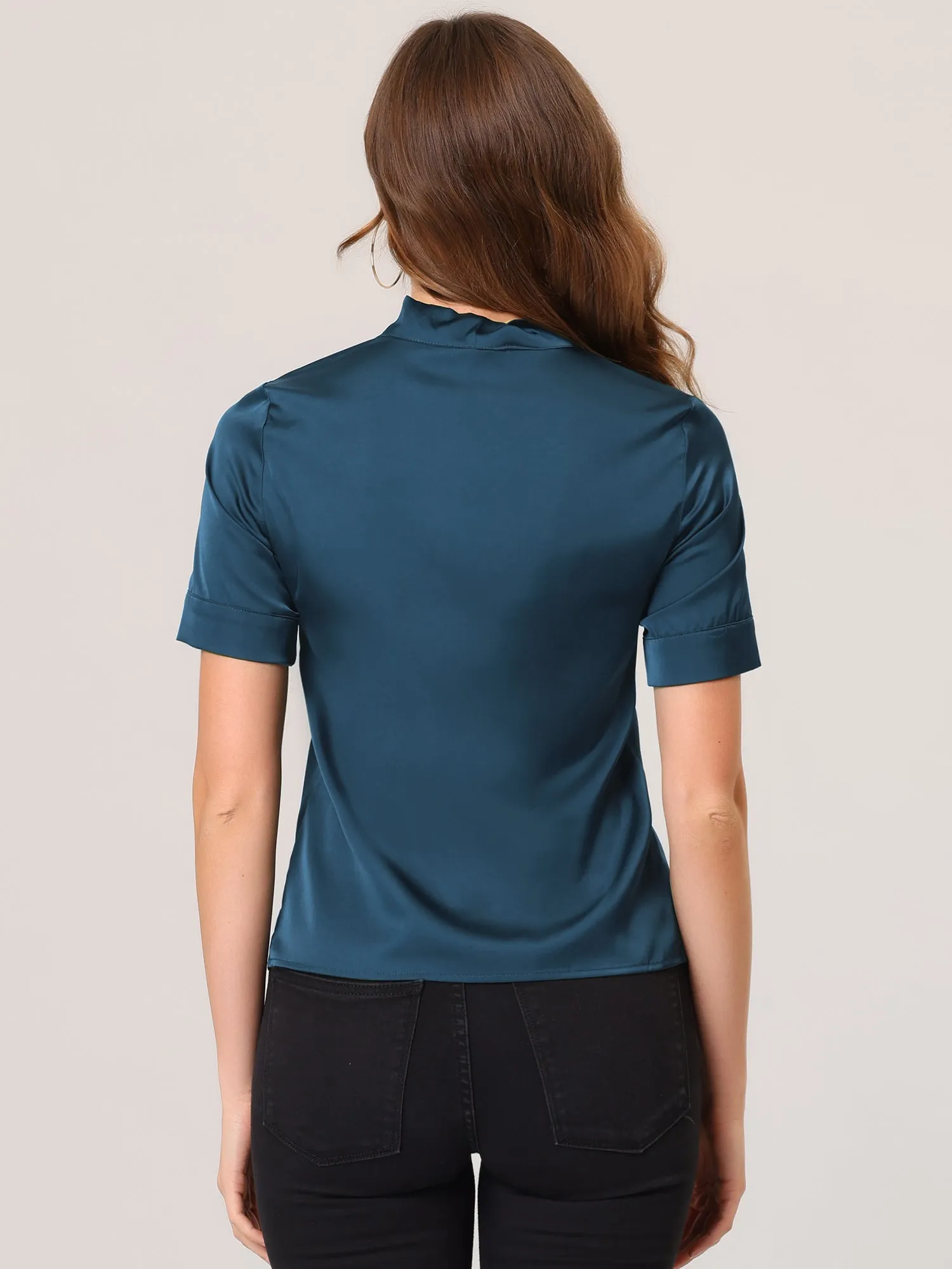 Work Tie Neck Short Sleeve Satin Elegant Button Down Shirt