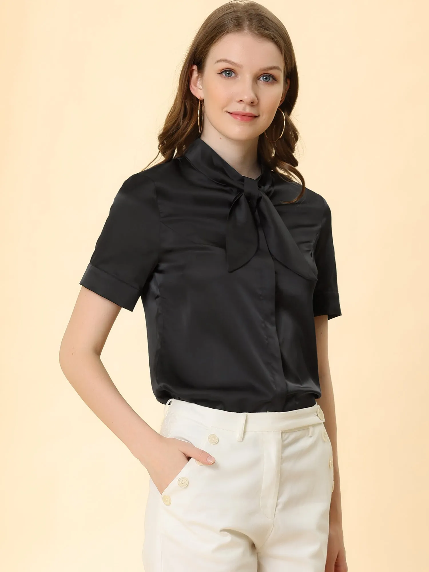Work Tie Neck Short Sleeve Satin Elegant Button Down Shirt