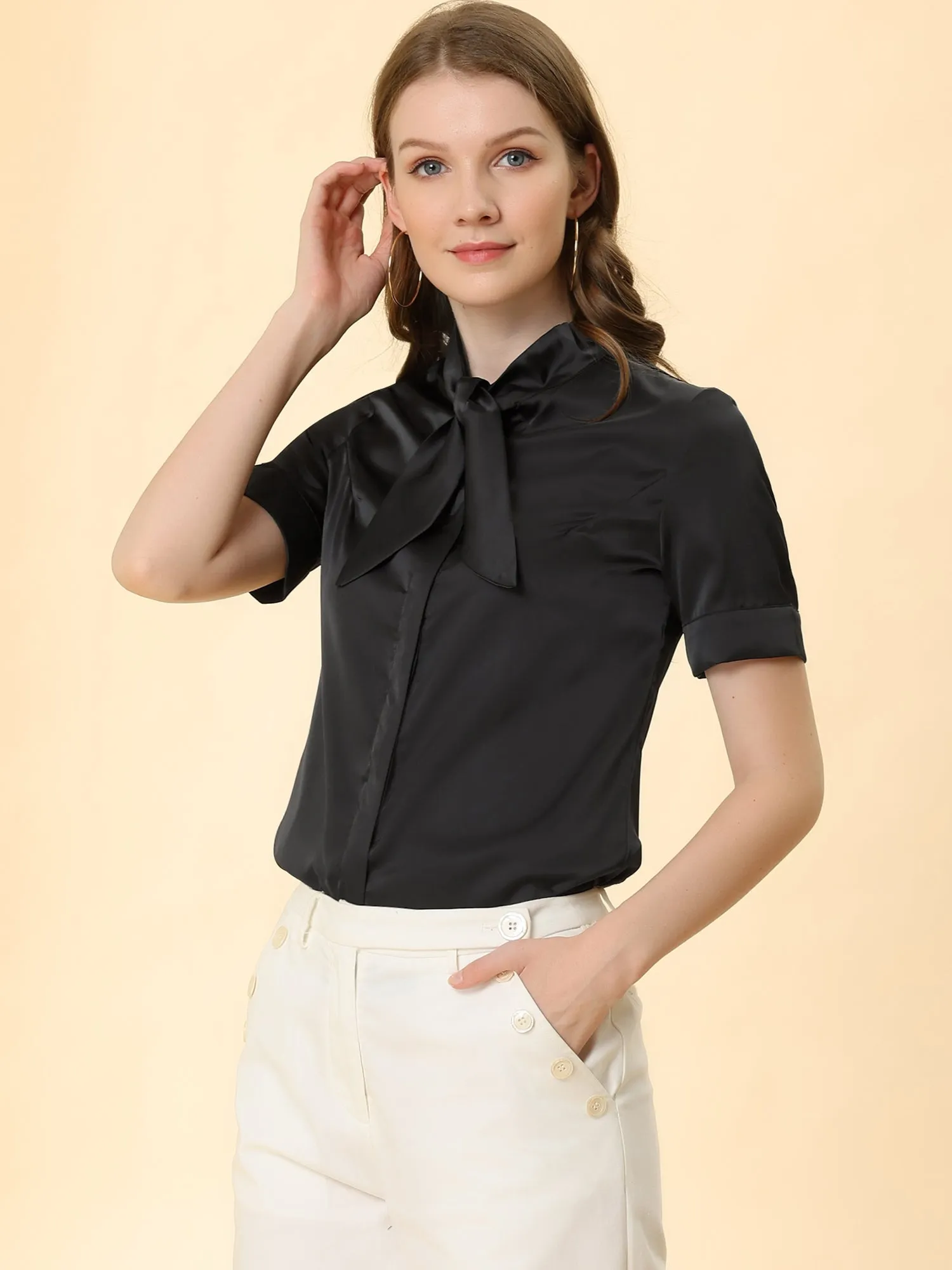 Work Tie Neck Short Sleeve Satin Elegant Button Down Shirt
