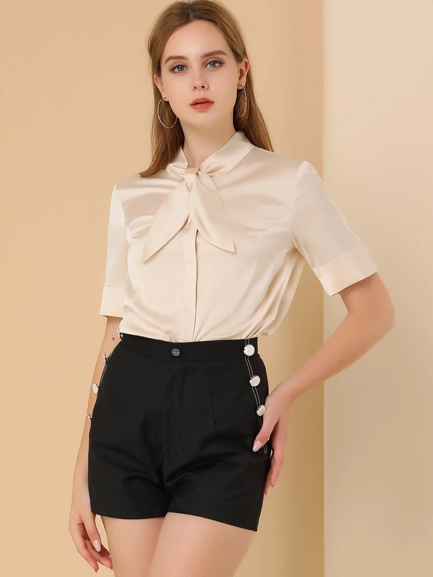 Work Tie Neck Short Sleeve Satin Elegant Button Down Shirt