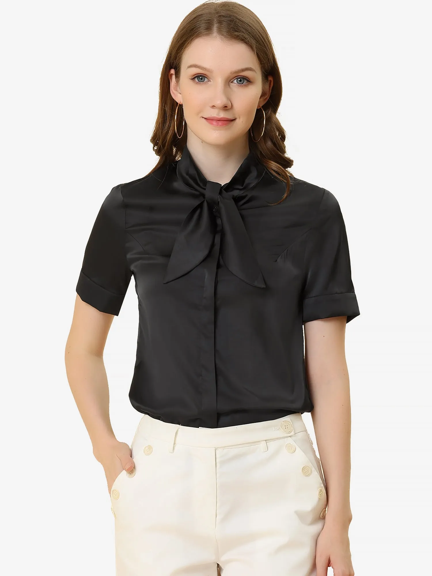 Work Tie Neck Short Sleeve Satin Elegant Button Down Shirt