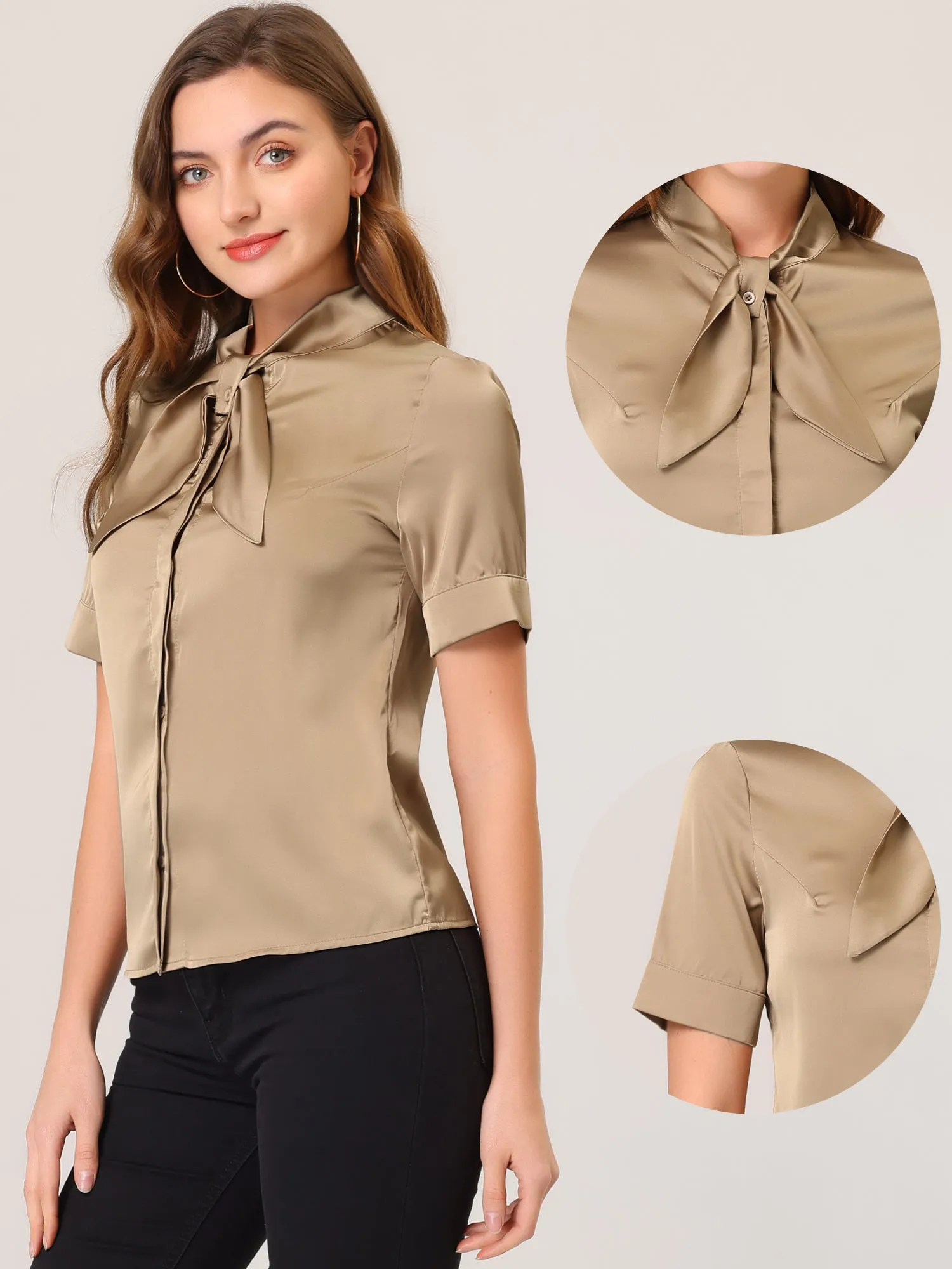 Work Tie Neck Short Sleeve Satin Elegant Button Down Shirt