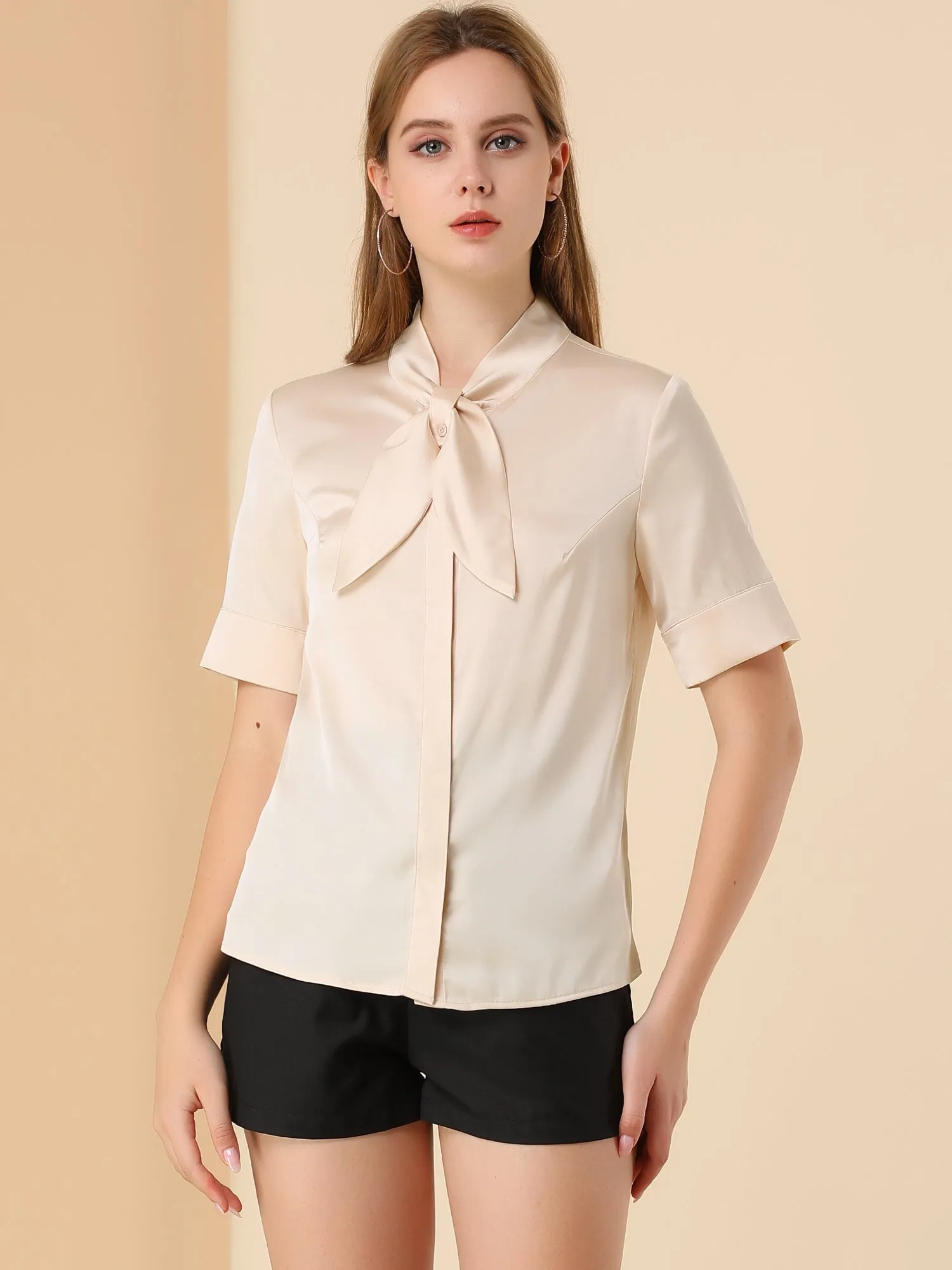 Work Tie Neck Short Sleeve Satin Elegant Button Down Shirt