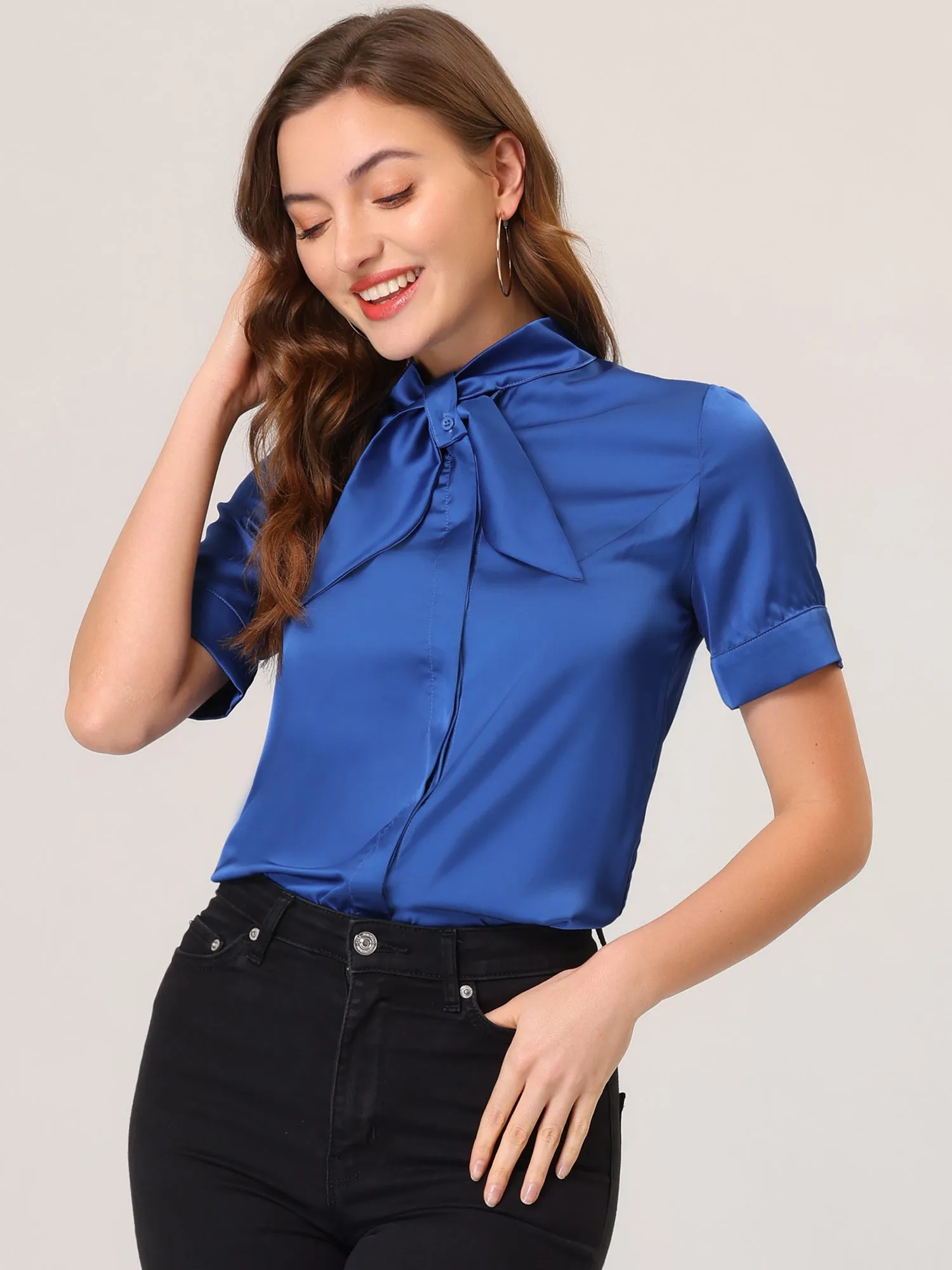 Work Tie Neck Short Sleeve Satin Elegant Button Down Shirt