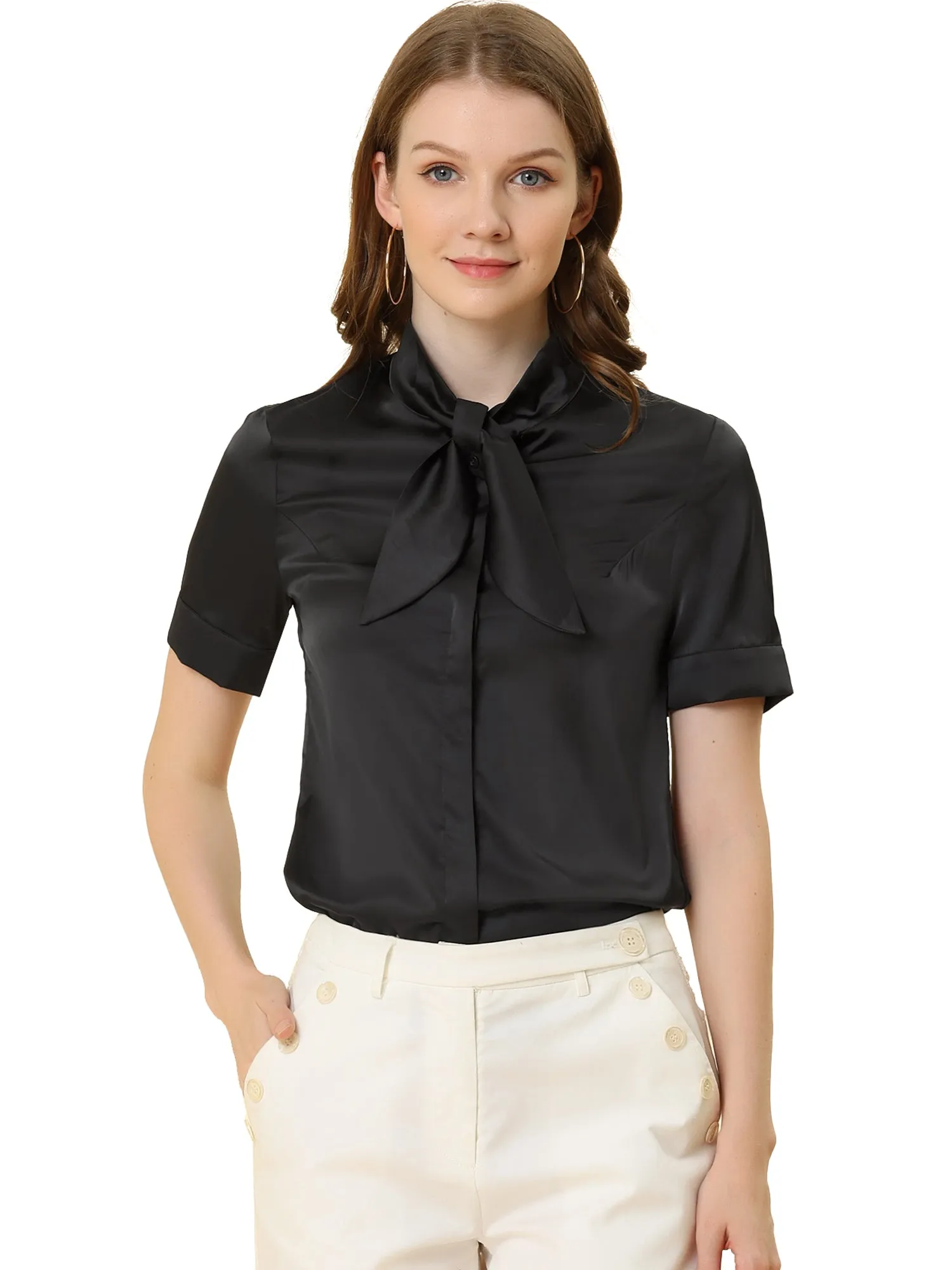 Work Tie Neck Short Sleeve Satin Elegant Button Down Shirt