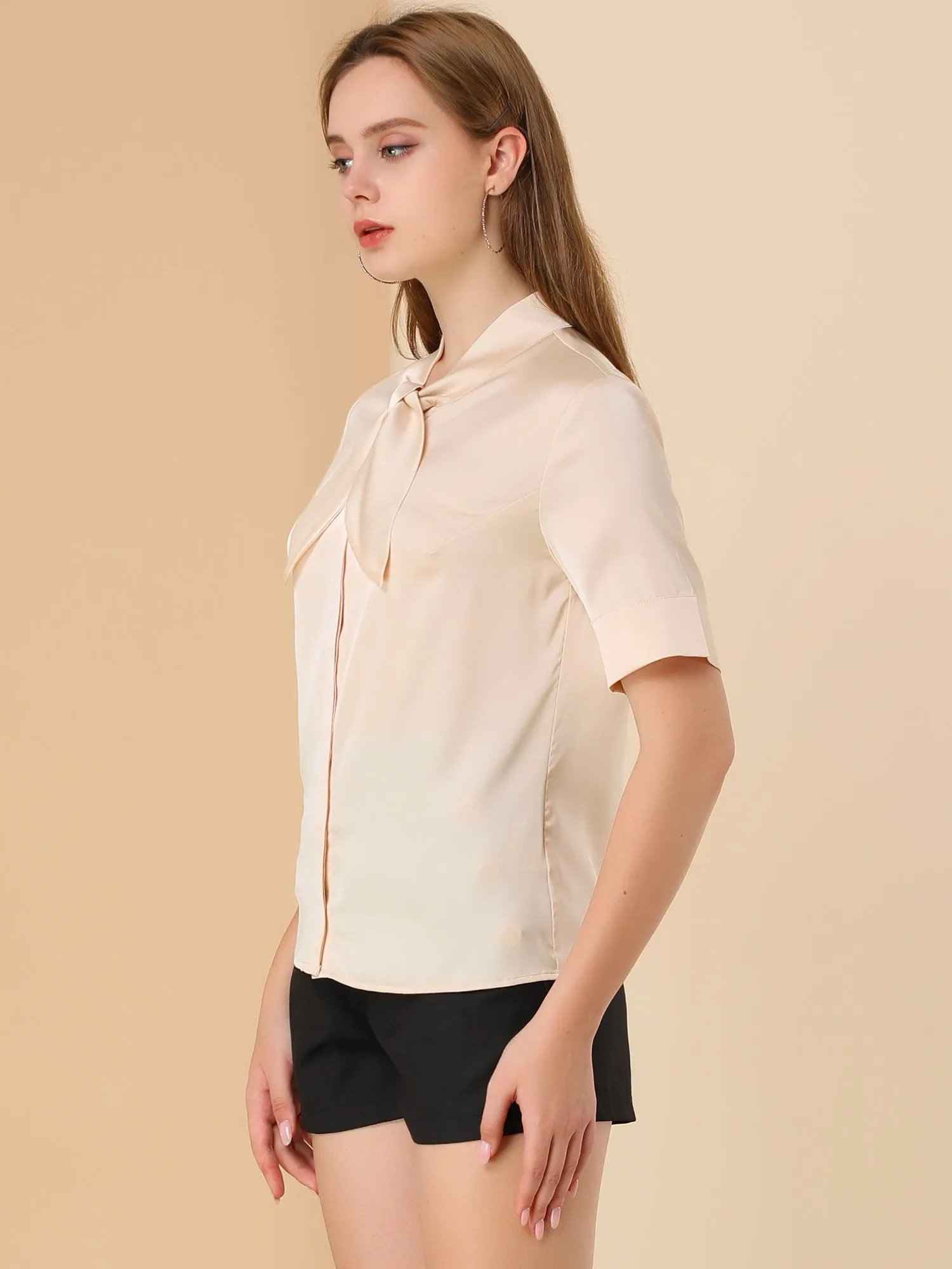 Work Tie Neck Short Sleeve Satin Elegant Button Down Shirt