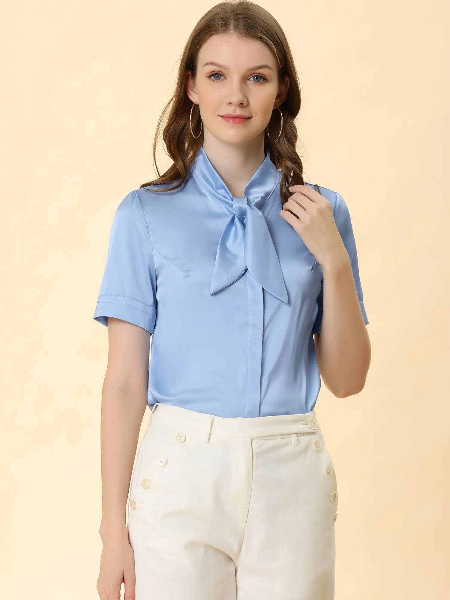 Work Tie Neck Short Sleeve Satin Elegant Button Down Shirt