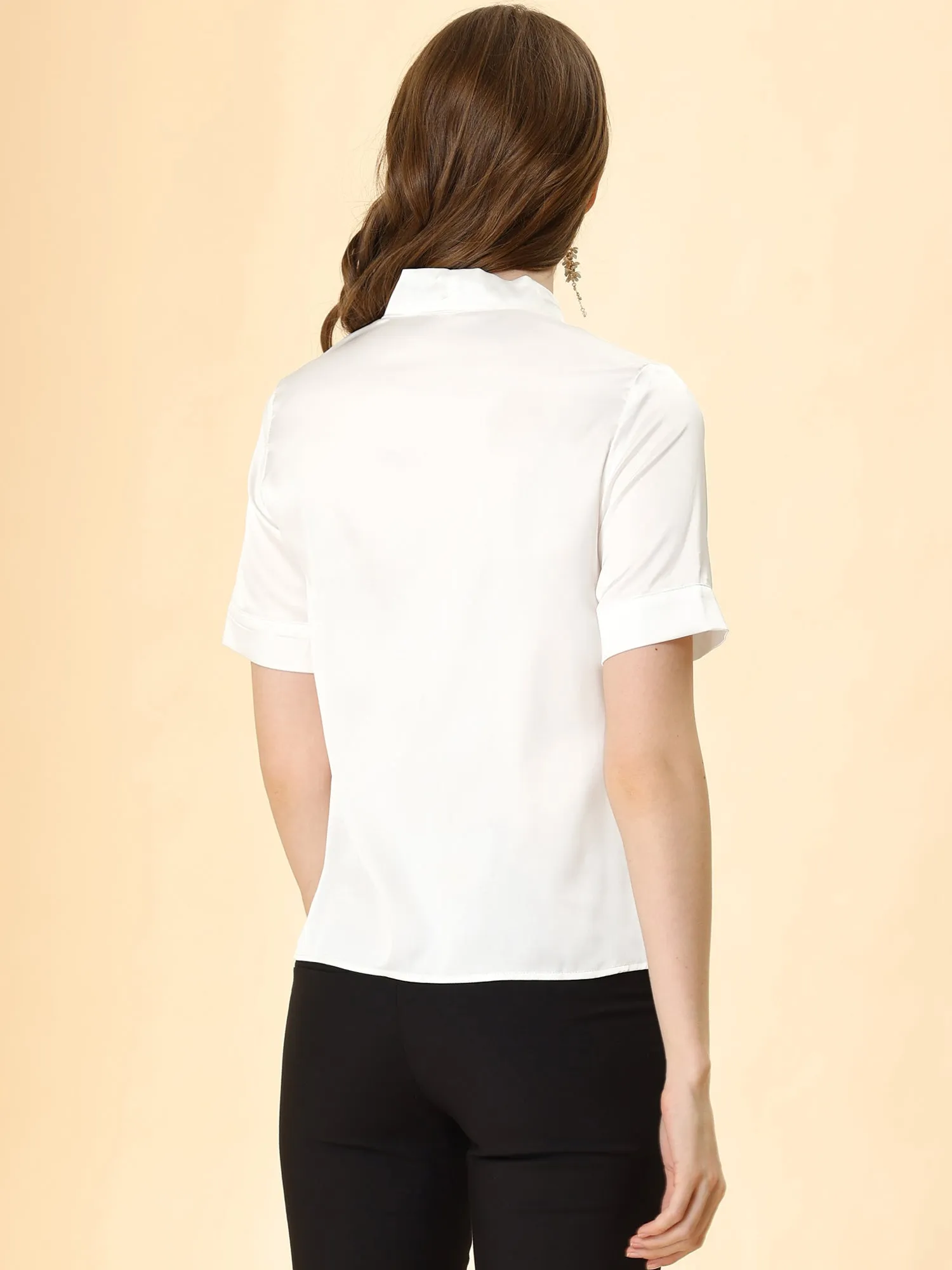 Work Tie Neck Short Sleeve Satin Elegant Button Down Shirt
