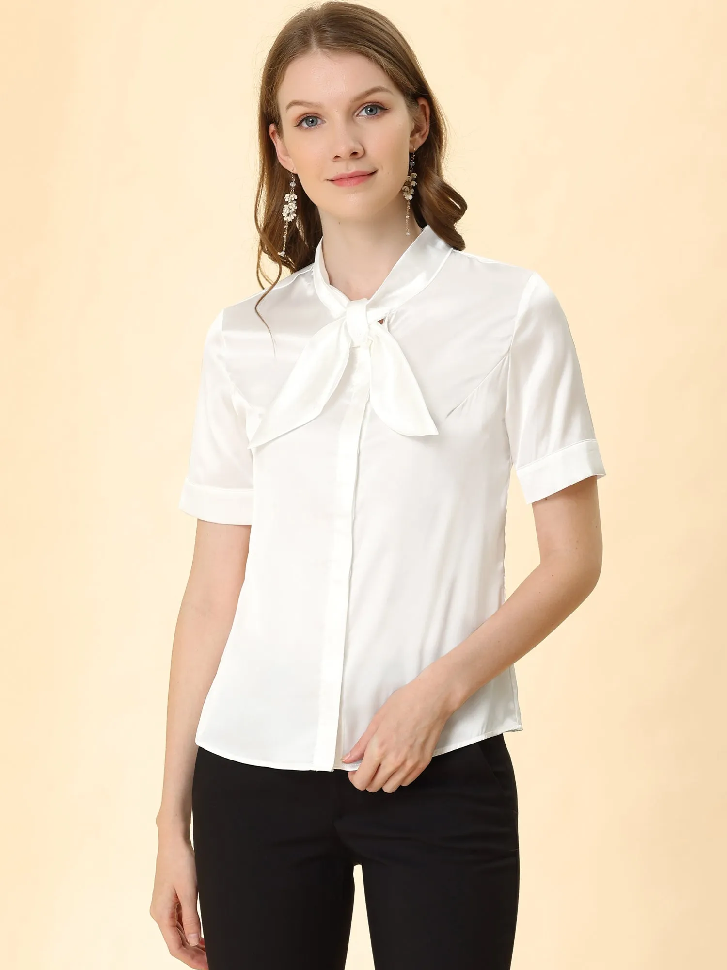 Work Tie Neck Short Sleeve Satin Elegant Button Down Shirt