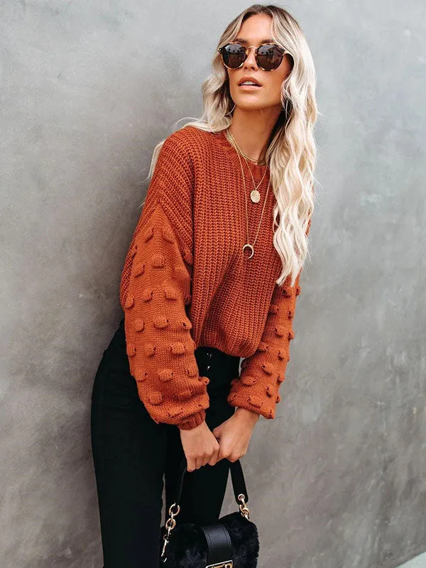 xakxx Trendy Tops Puff Sleeves Loose Solid Color Round-Neck Sweater Tops