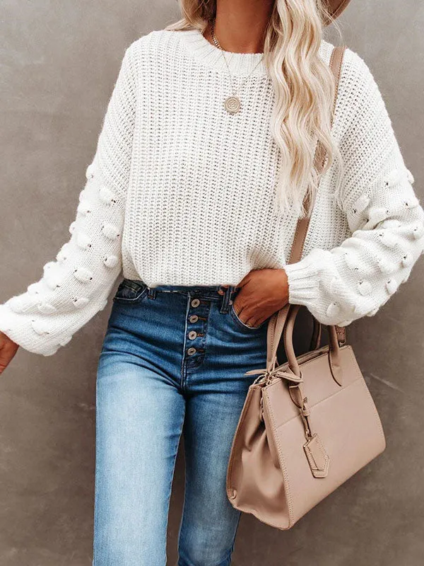 xakxx Trendy Tops Puff Sleeves Loose Solid Color Round-Neck Sweater Tops