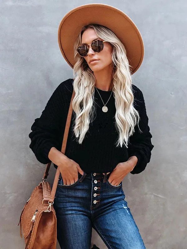 xakxx Trendy Tops Puff Sleeves Loose Solid Color Round-Neck Sweater Tops
