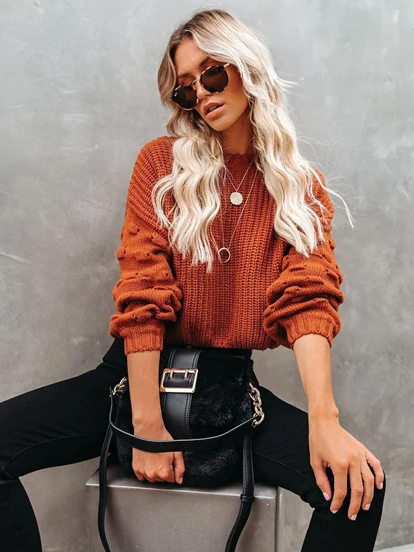 xakxx Trendy Tops Puff Sleeves Loose Solid Color Round-Neck Sweater Tops